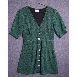 Wilfred Dress Women 8 Green Aritzia Flowy Mini Short Sleeve V Neck Button Up EUC